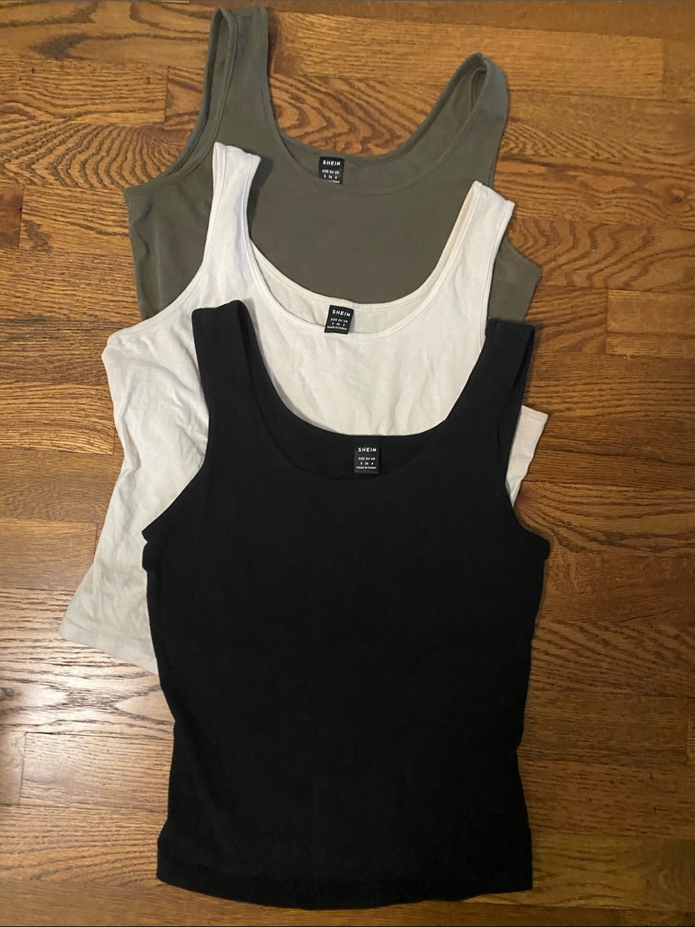 SHEIN Three-Pack Scoop Neck Tank Tops — Olive, White, Black